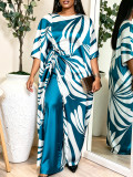 Women’s Plus Size Satin Print Loose Robe and Wide Leg Pants Holidays Two Piece Set