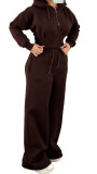 Women’s Fall Winter Zip Pocket Drawstring Ruched Hooded Lace Up Wide Leg Pants Tracksuit Set