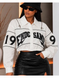 Women’s Letter Embroidered Zip Turn Down Collar Drawstring Cropped Button Top