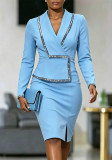Women’s Luxury Sequin Trim V Neck Turn Down Collar Long Sleeve Slim Fit Slit Bodycon Dress