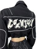 Women’s Letter Embroidered Zip Turn Down Collar Drawstring Cropped Button Top