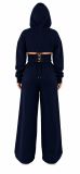 Women’s Fall Winter Zip Pocket Drawstring Ruched Hooded Lace Up Wide Leg Pants Tracksuit Set