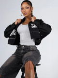 Women’s Letter Embroidered Zip Turn Down Collar Drawstring Cropped Button Top