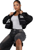 Women’s Letter Embroidered Zip Turn Down Collar Drawstring Cropped Button Top
