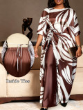 Women’s Plus Size Satin Print Loose Robe and Wide Leg Pants Holidays Two Piece Set