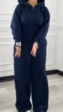 Women’s Fall Winter Zip Pocket Drawstring Ruched Hooded Lace Up Wide Leg Pants Tracksuit Set