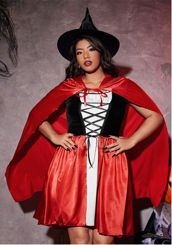 Women’s Plus Size Halloween Witch Costume Set Red Cape and Sexy Dress