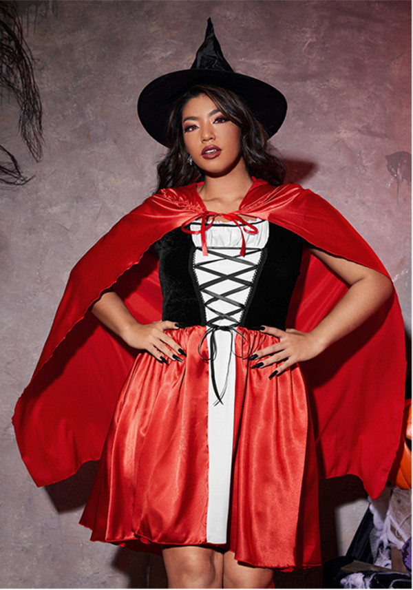 Women’s Plus Size Halloween Witch Costume Set Red Cape and Sexy Dress