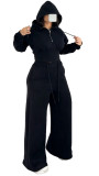 Women’s Fall Winter Zip Pocket Drawstring Ruched Hooded Lace Up Wide Leg Pants Tracksuit Set