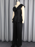 Plus Size Women Black Slash Shoulder Ruffle Elegant Formal Party Wide Leg Jumpsuit