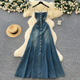 Women French Square Neck Halter Neck Slip Denim Backless Maxi Dress