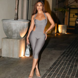 Women Fall Sexy Backless Solid Capri Jumpsuit