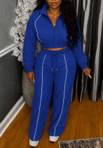 Women Fall Winter Patchwork Stripe Stand Collar Zip Jacket + Patchwork Pant Two Piece Set