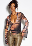 Women Casual Holidays V Neck Print Asymmetric Bell Sleeve T-shirt Top