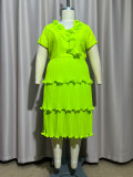 Plus Size Women V Neck Ruffle Short Sleeve Pleated Cascading Ruffles Dress