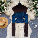 Women Fake Two Piece Patchwork Denim Knit Long Sleeve Tie Top