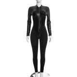 Women Fall Winter Sexy PU Leather Long Sleeve Zip Jumpsuit