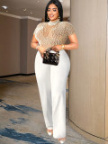 Plus Size Women Round Neck Short Sleeve Beaded Jumpsuit