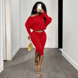 Women Ruched Solid Casual One Shoulder Slash Shoulder Long Sleeve Top and Pant Two Piece Set