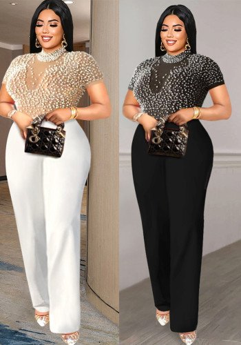 Plus Size Women Round Neck Short Sleeve Beaded Jumpsuit