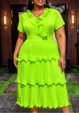 Plus Size Women V Neck Ruffle Short Sleeve Pleated Cascading Ruffles Dress