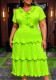 Plus Size Women V Neck Ruffle Short Sleeve Pleated Cascading Ruffles Dress
