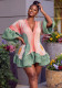 Women V Neck Pleated Ruffle Bell Sleeve Dress