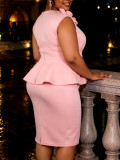 Plus Size Women Pink Floral V Neck Sleeveless Ruffle Waist Formal Party Elegant Bodycon Dress