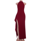 Women Solid Halter Neck Minimalist Slit Maxi Dress