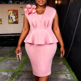 Plus Size Women Pink Floral V Neck Sleeveless Ruffle Waist Formal Party Elegant Bodycon Dress