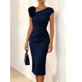 Women Solid Floral Ruched Short Sleeve Dress