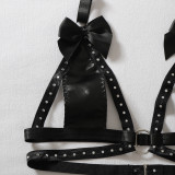 Women Bow Beaded Patchwork PU Leather Lingerie Two Piece Set