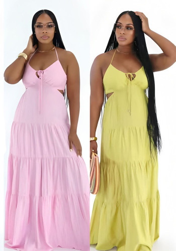 Women Solid Linen Sexy Backless Slip Patchwork Tie Maxi Dress