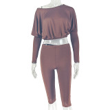 Women Ruched Solid Casual One Shoulder Slash Shoulder Long Sleeve Top and Pant Two Piece Set