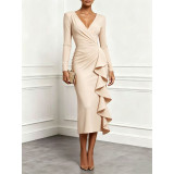 Women Solid V Neck Long Sleeve Ruffle Dress