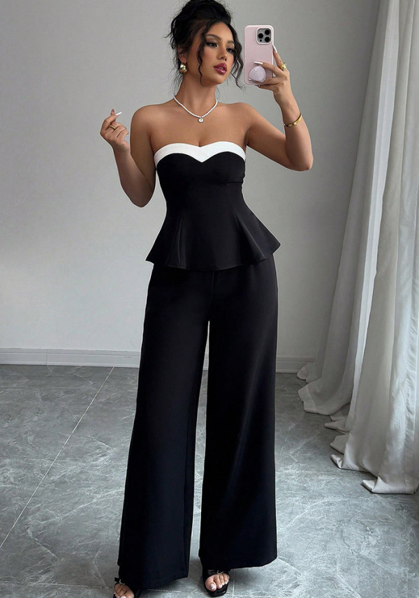 Women Spring Summer Holidays Patchwork Off Shoulder Tank and Wide Leg Pant Two Piece Set