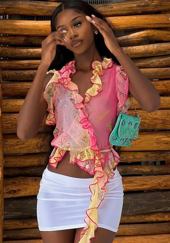 Women Pink Floral Color Block Summer Autumn Ruched V Neck Casual Holidays Ruffle T-shirt