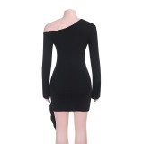 Women Slash Shoulder Long Sleeve Fall Sexy Sash Bodycon Dress