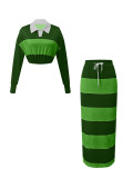 Women’s Chic Casual Striped Polo Shirt and Skirt Two Piece Set