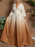 Women V Neck Corset Print Long Sleeve Maxi Dress