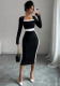 Women Elegant Square Neck Long Sleeve Patchwork Bodycon Dress