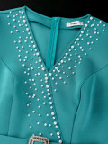 Women V Neck Puff Sleeve See-Through Beaded Dress