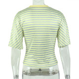 Women V Neck Short Sleeve Casual Top Striped T-shirt