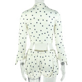 Women Polka Dot V Neck Long Sleeve Top and Shorts Two Piece Set