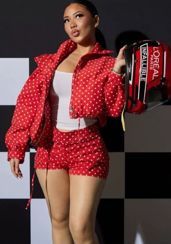 Women Stand Collar Polka Dot Organza Jacket and Shorts Two Piece Set