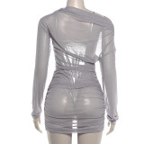 Women Summer Slip Bodysuit Mesh See-Through Slash Shoulder Dress Two Piece Set