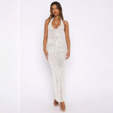 Women’s Summer Solid Color Textured Halter Neck Strap Cutout Low Neck Cover Up Dress