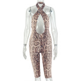 Women’s Summer Snake Print Halter Neck Cutout Low Back Slim Fit Jumpsuit