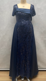 Plus Size Elegant Square Neck Pleated Sequin Formal Party Dress