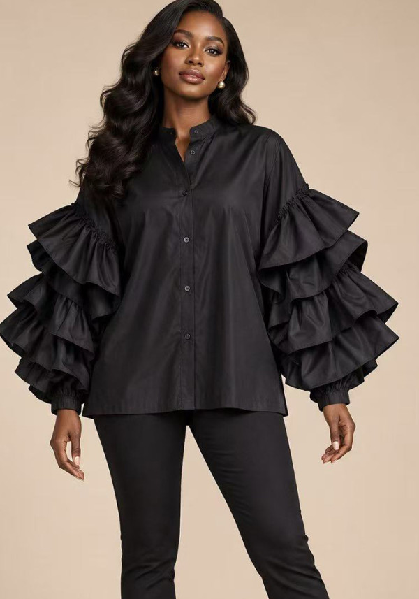 Women Multi-Layer Ruffle Bell Sleeve Shirt Stand Collar Top